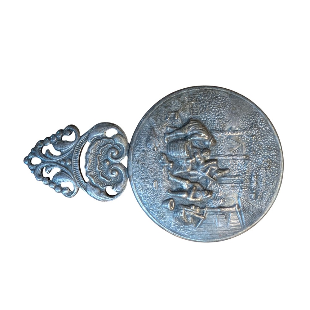 Antique Miniature Ornate Metal Hand Mirror Scenic Relief 4"